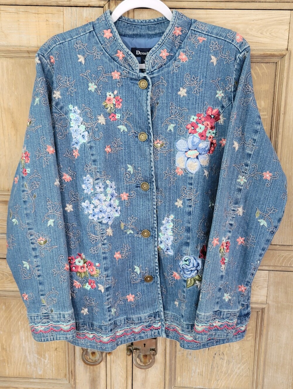 Vintage Denim & Co. Blue Embroidered Floral Chore Jacket Blazer Women's Large